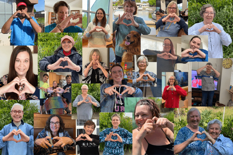 Collage of people making heart signs with hands.