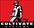 Logo of farmer with hoe by Cultivate Systems