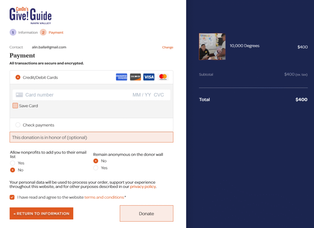 Payment page for donations via credit card.